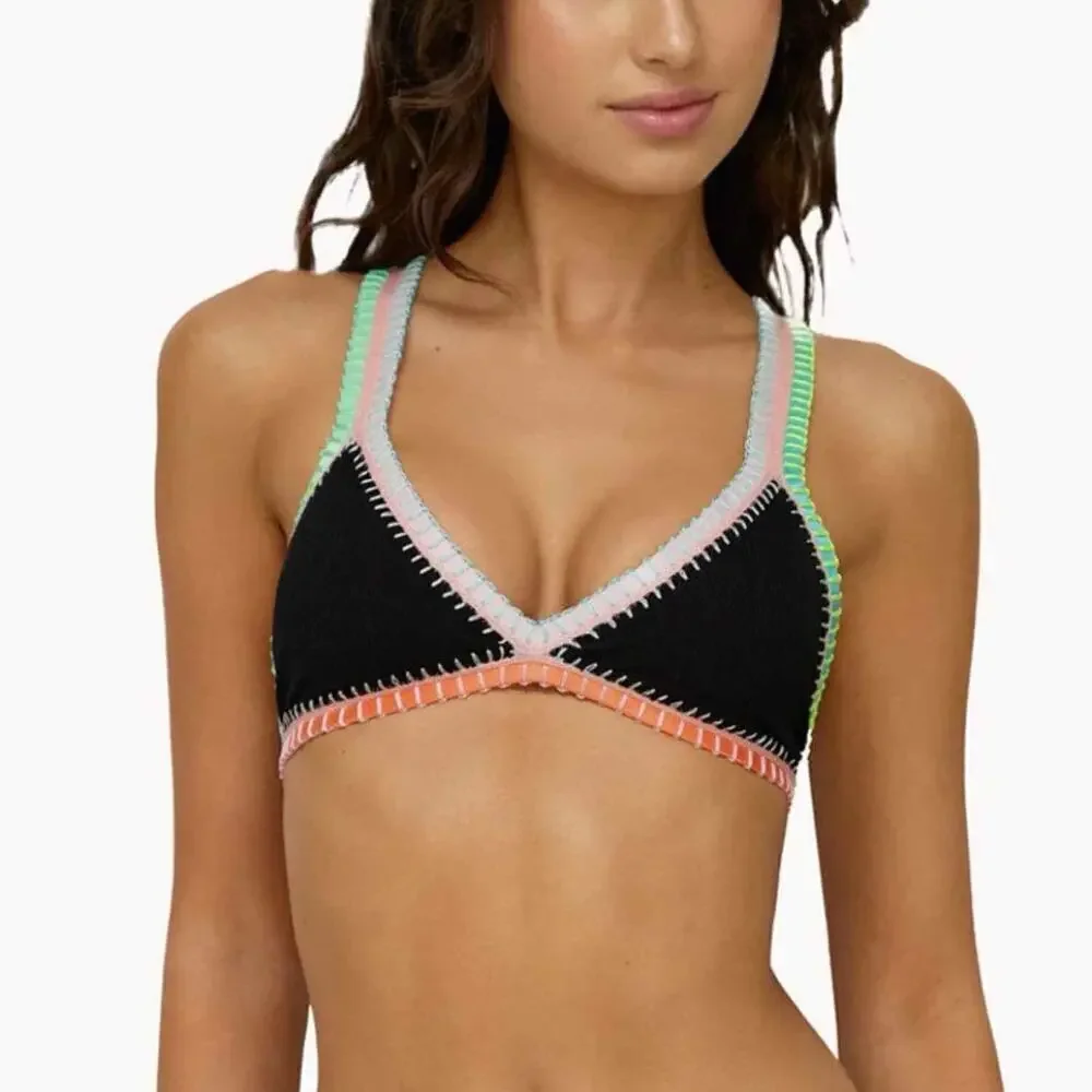 PQ Swim Platinum Black Pearl Crochet Trim Tri Top Size Large